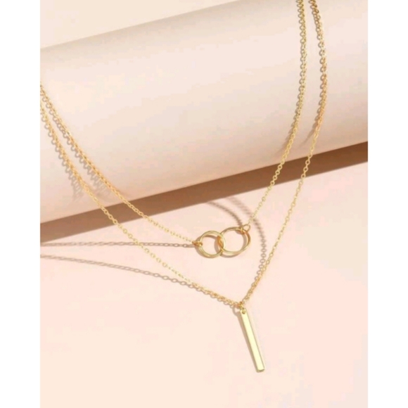 Anthropologie Minimalist Gold Layered Connecting Hoops and Bar Necklace - Picture 3 of 5